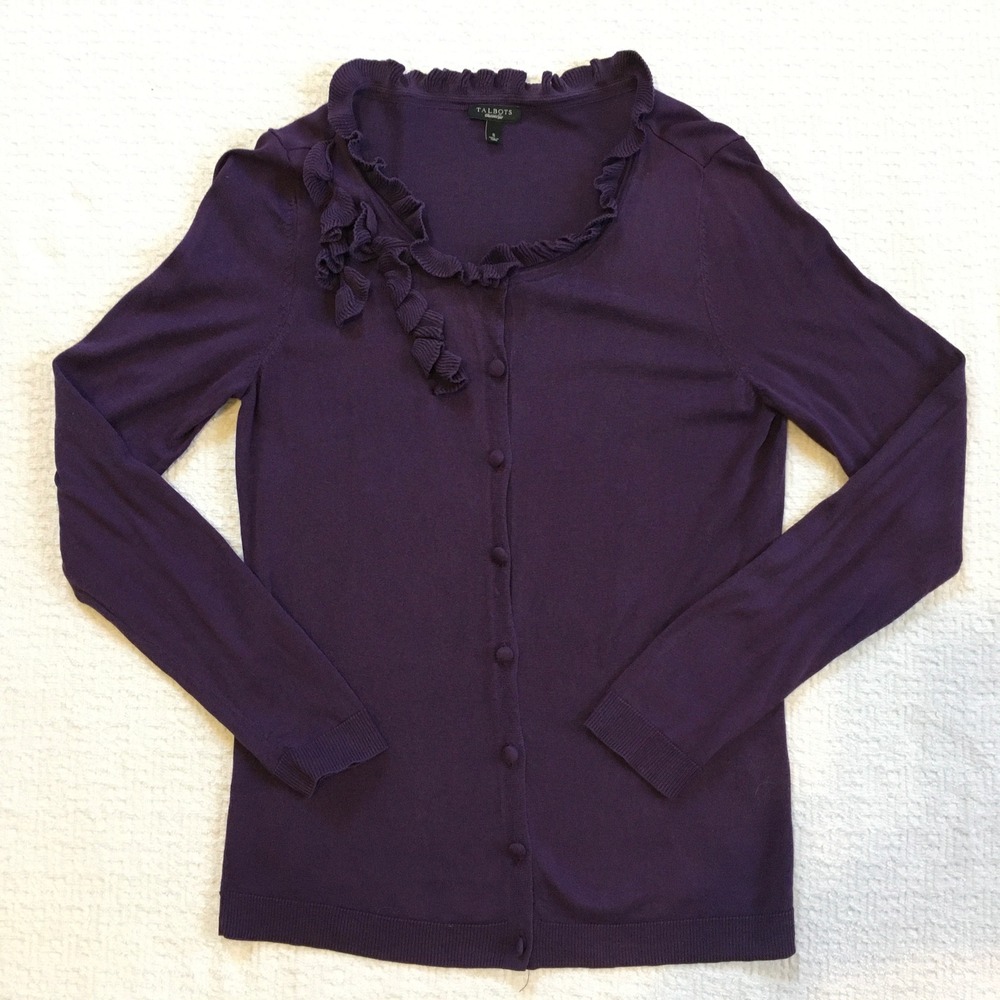 Talbots Womens S Cardigan Plum Long Sleeve Button‎ Front Ruffle Neck Office